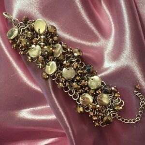 Beaded Chain Link Cuff Layered Bracelet Bronze Iridescent Gold Tone Disc 9.5"